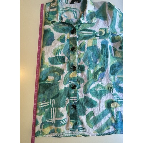 Ali Miles Button Front Tunic Top M Linen Blend Blue Green Watercolor Lagenlook - Picture 7 of 7